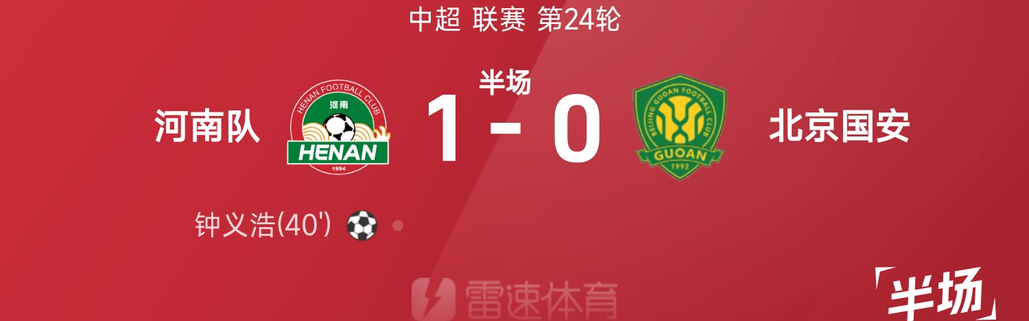 中超半场：钟义浩百场里程碑破门，河南1-0北京国安